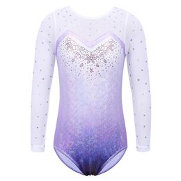 Body Mechanics Clothing BAOHULU Long Sleeve Mesh Patchwork Leotards for Girls Toddler Kids Diamond Gymnastics Jumpsuit Bodysuit Teens Gymnastics Clothes 230825