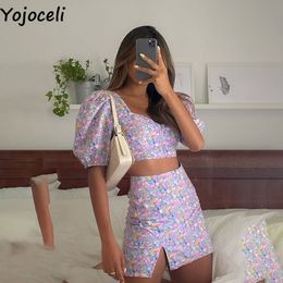 Basic Casual Dresses Yojoceli Fashion zipper floral print women dress 2 piece set Summer split beach casual short Elegant cool daily cute 230825