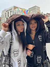 New Korean sweet cartoon Kitten print zipper hoodie Harajuku high streetwear casual retro loose y2k cardigan hooded sport coat x0825