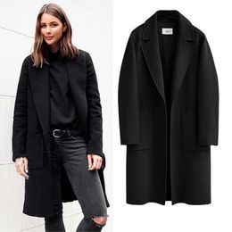 Womens Wool Blends Winter Felt Pea Coat Single Breasted Lapel Collar Long Jacket MXL Solid Colour Loose Fit Sleeve with Pockets ly 230824