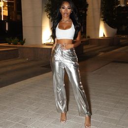 Women's Pants Silver Metalic Faux Leather 2023 Women High Waist Long Winter Hip Hop Streetwear Y2K Night Club Wear