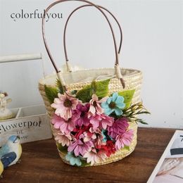 Evening Bags Korean Vintage Style Women Straw Bag Drawstring Beach Tote Artificial Flower Woven Handbag With Rattan Handle 230824