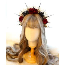 Baroque Japanese Girl Black Crown Headband Retro Punk Lace Rose Wine Red Headdress Dark Gothic Style Lolita Hair Hoop Props