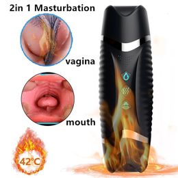 Masturbators Male Masturbation Cup Dual Channel Vagina Vibrating Mouth Blowjob Vibration Smart Heating 2 in 1 Men Masturbator 230824