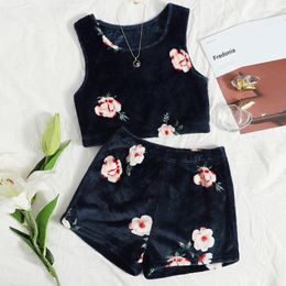 Women's Sleepwear Women Home Clothes Winter Flannel Pyjama Suit Cute Print Soft Vest Top And Shorts Pyjamas 2 Piece Velvet Underwear Set