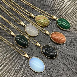 Pendant Necklaces Women Men Geometric Oval Birthstone Jewelry Natural Amethysts Turquoises Malachite Opal Quartz Stone