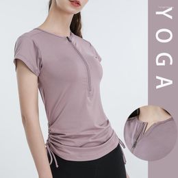 Active Shirts With Logo Yoga Top Drawstring Zipper Loose Breathable Gym Short-Sleeved Sports Running Dance Quick-Dry T-Shirt For Women