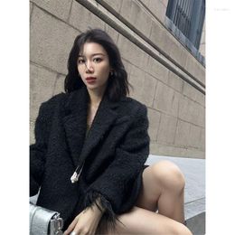 Women's Suits UNXX 2023 Autumn And Winter Black Thickened Wool Suit Jacket Women Petite Luxury Korean Casual Office Ladies Clothes Girls