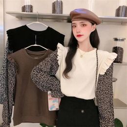 Women's Sweaters Korean Style Ruffle Sweater Women 2023 Fashion Patchwork Knitted Pullover Crop Top Jumper Pull Femme