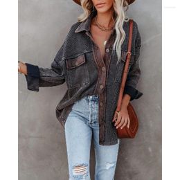 Women's T Shirts Fall/Winter 2023 Street Hipster Lapel Single Row Long Sleeve Knit Jacket Pink Grey Loose Shirt Coat Women Clothes