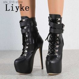 Boots Liyke Autumn Winter Platform Boots For Women Sexy Round Toe Buckle Strap Pole Dance High Heels Pumps Fashion Lace-Up Runway Shoe T230824