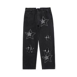 Erkekler Kot 2021 Siyah Jean Street Giyim Erkekler Giyim Yıldızı Grafik Baggy Pantolon Yırtılmış Y2K Pantalones de Hombre Kargo Geniş Bacak P224F