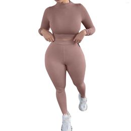Women's Tracksuits Fashion Plus Size Tracksuit Women Stretchy Turtleneck Full Crop Top Matching Leggings Active Wear Set Gym Fitness Casual