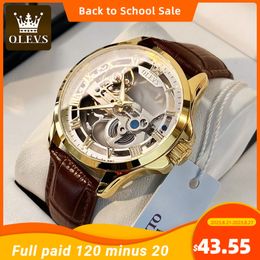 Wristwatches OLEVS Luxury Men Watches Automatic Mechanical Wristwatch Skeleton Design Waterproof Leather Strap Male Watch Reloj Hombre 230824