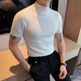 Men's Sweaters Men Short Sleeve Knitted Sweater Spring Turtleneck Solid Colour Casual Stretched Slim Fit Homme Pullovers Men's Clothing 230824