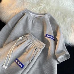 Men's Tracksuits Oversized Waffle T-shirt Set Summer Fashion Relaxed Short Sleeve Shorts Couple Costume Sweatshirt Sportswear Suit