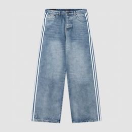 Mens Jeans Balencisgs Ceiling Ba Family Co Branded Three Bar Side Ribbon Washed Wide Leg Straight Tube Denim Pants for Men and Women2wbu