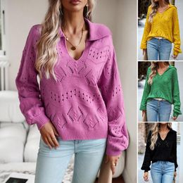 Women's Sweaters POLO Long-sleeved Knitwear Women 2023 Autumn Winter Solid Colour Hollow V-neck Pullover Tops Fashion Casual Sweater