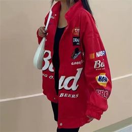 women winter jacket Coat Red Printed zipper Long Sleeve racing Jackets Vintage Sport Style Polyester Bomber Jacket Women 210827267h