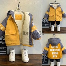 Down Coat 29years boys winter thicken hooded jacket for children outwear baby boy cottonpadded plus velvet print jacket for boys clothes x0825