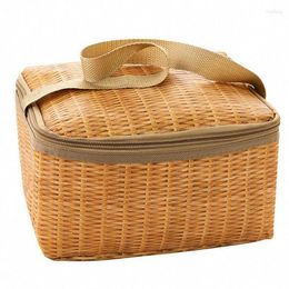 Storage Bags Portable Wicker Rattan Outdoor Picnic Bag Waterproof Tableware Insulated Thermal Cooler Food Container Basket