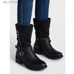 s Shoes Women Leather Retro Belt Buckle Mid Calf Round Toe Water Proof Casual Boots Botas De Mujer c Caual Boot Bota