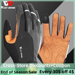 Cycling Gloves WEST BIKING Spring Autumn Cycling Gloves Full Finger Touch Screen Bike Shock Absorbing Gloves PU Leather Non-Slip Fitness Gloves 230825