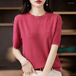 Women's Sweaters Summer Wool Knitted Short Sleeve Thin Cut Out Round Neck Pullover Loose Versatile Half Solid Colour Tops