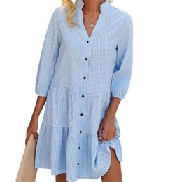 Basic Casual Dresses Elegant Plaid Print Dresse Stand-up Collar Single Breasted Cardigan Dressy Female Three Segment Half Sleeve Gown 230824