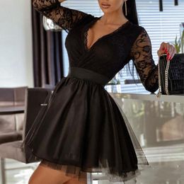 Casual Dresses Fashion Party Sexy Black Lace Mesh Mini Dress Women's Spring Long Sleeve Mid-Calf Clubwear