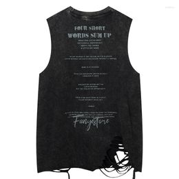 Men's Tank Tops Summer Men Washed Sleeveless Tshirt Hip Hop Ripped Hole Letter Print Punk Gothic Vests 2023 Streetwear Harajuku Cotton