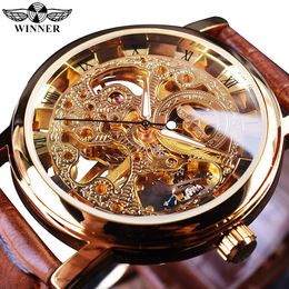 Wristwatches Winner Transparent Golden Case Luxury Casual Design Brown Leather Strap Mens Watches Top Brand Luxury Mechanical Skeleton Watch 230824