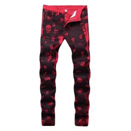 2020 Autumn Men's Fashion Skeleton Skull Printed Night Club Personality Jeans Male Slim Fit Red Denim Pants Long Trousers X06304w