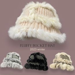Wide Brim Hats Bucket Hats Winter Crochet Rabbit Fur Bucket Hat Women Foldable Luxury Fluffy Warm Beanies Female Fashion Faux Fur Kniting Hat Panama 230824