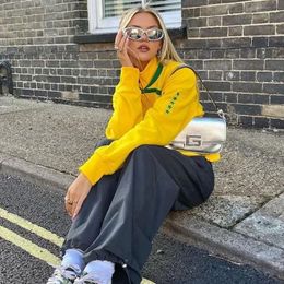 Women's Hoodies Y2K Aesthetic Vintage Yellow Sweatshirts Letter Embroidery Graphic Pattern Zip Up 2000s Retro Grunge Gothic Jacket Coat