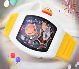 Smiling Face Shape ICE Out Hip Hop Men's Stopwatch Watches Colorful Rubber Belt Quartz Movement Clock Super Bright Flowers Skeleton Dial Set Auger Watch Gifts