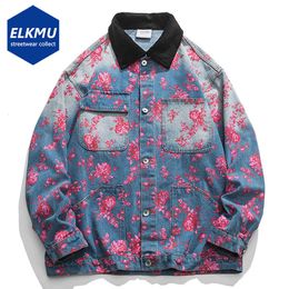 Mens Jackets Fashion Flower Printed Denim Jacket Men Harajuku Hip Hop Oversized Streetwear Blue Jeans Loose Casual Outwear Male 230824