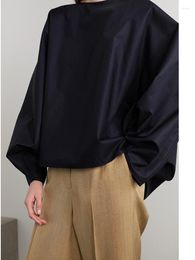 Women's Blouses 2023 Fashion Black Batwing Sleeve Outline Shirt Ladies O-Neck Long Loose Blouse Top