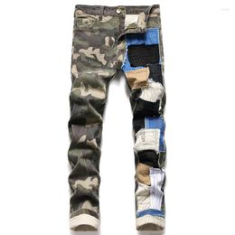 Men's Jeans High Street Camouflage Stitching Colour Men Patchwork Slim Denim Trousers Fashion Pencil Pants Male