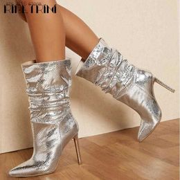 Boots Fashion Silver Metallic Platform High Heels Boots Women Glitter Stiletto Pointed Brand Luxury Designer Sexy Shoes Big Size 45 T230824