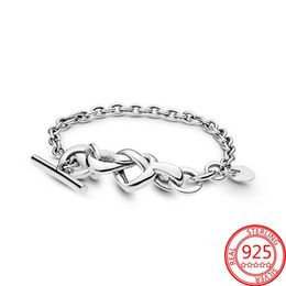 Link Chain Original 925 Sterling Silver Knotted Heart T-Bar Bracelet Fit European Brand Beacelet Jewelry183z