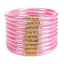 Bangle 9Pcs/set Shiny Pink Jelly Bracelets Glitter Filled Silicone For Women Friendship Femme Jewelry