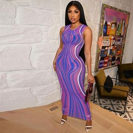 Ripple Wave Print Midi Dress Women Striped Sexy Mesh Transparent Bodycon Dresses Summer Elegant Party Outfits286m