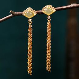 Stud Earrings Chinoiserie Retro Gold Plated Imitation An Jade Women's Long Life Locks High-class Luxury Tassel