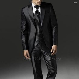 Men's Suits 2023 Style Black Satin Male Slim Fit Formal Notched Lapel 3 Pieces Men Wedding Blazer Vest Pants Costume Homme