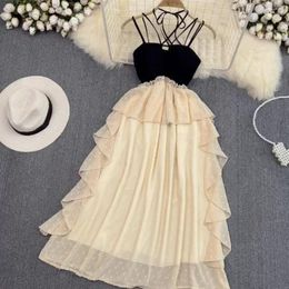 Casual Dresses French Vintage Dress Design Sense Halter Neck Strap Skirt High Slim Fit A-line Vestidos Lotus Leaf Edge