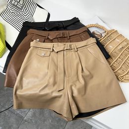 Women's Shorts Europe Style 2023 Autumn Brand Designer High Quality Sheepskin Genuine-leather High-rise F085