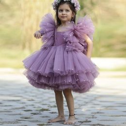 Purple Ruffles Tiered Flower Girls Dresses Square Neck Pearls Layered Kids Prom Gown Knee Length Tulle Child Party Wears