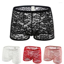 Underpants Plus Size Mens Lace Mesh Panties Solid Hollow Floral Sexy Boxers Low Rise Slim Lift Hips Lingerie Transparent Penis Pouch Shorts