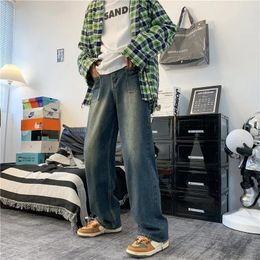 Men's Jeans Blue Bleached Summer Thin Loose Washed Mid Waist Men Vintage Straight Baggy All-match Casual Denim Trousers